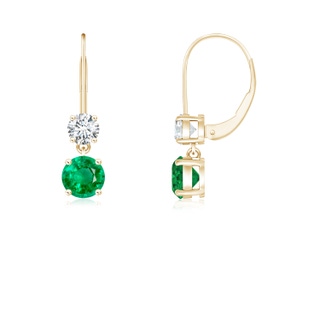 4mm AAA Round Emerald Leverback Dangle Earrings with Diamond in Yellow Gold