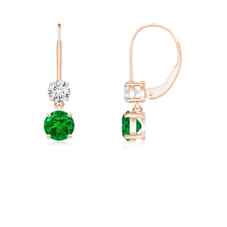 4mm AAAA Round Emerald Leverback Dangle Earrings with Diamond in 9K Rose Gold