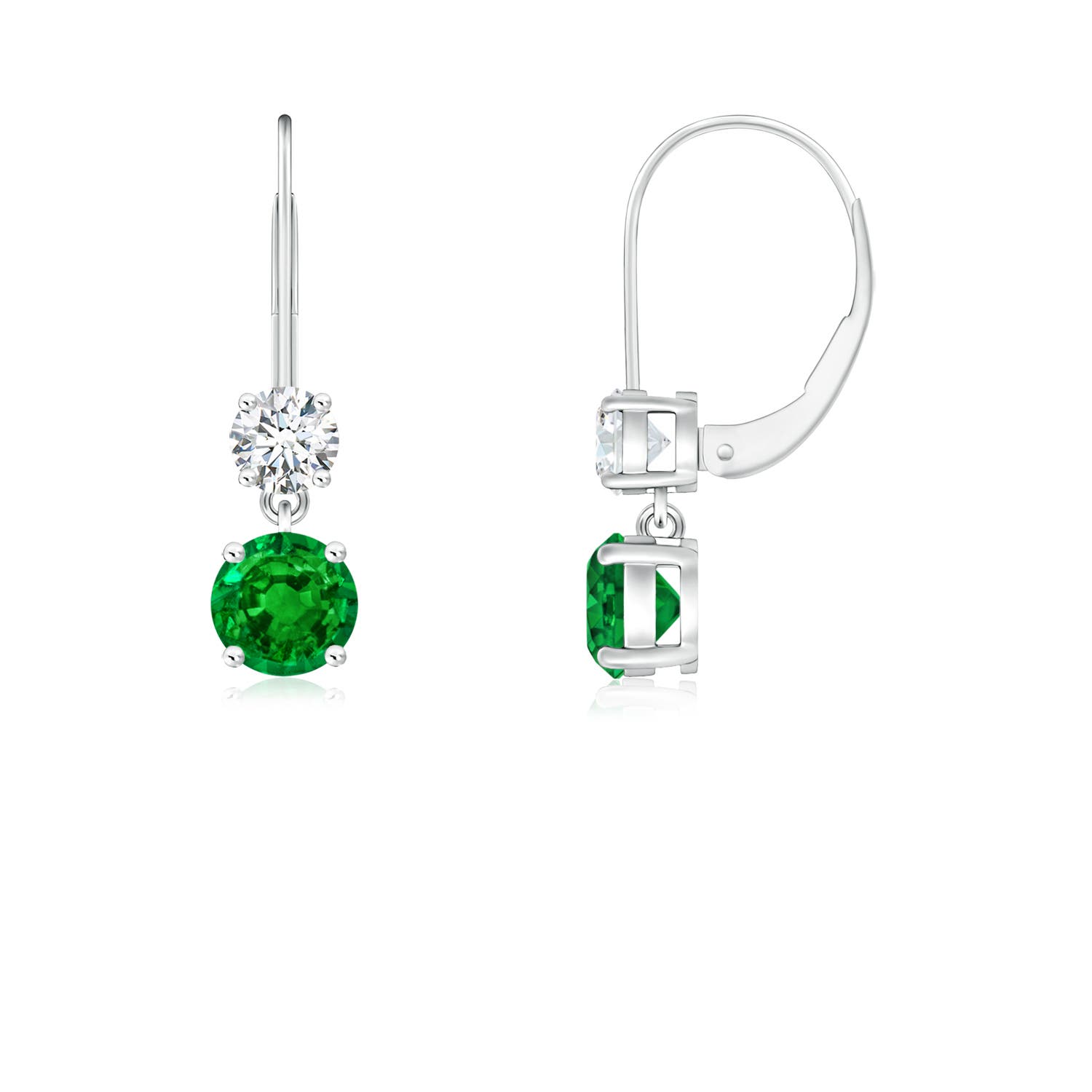 Round Emerald Leverback Dangle Earrings with Diamond
