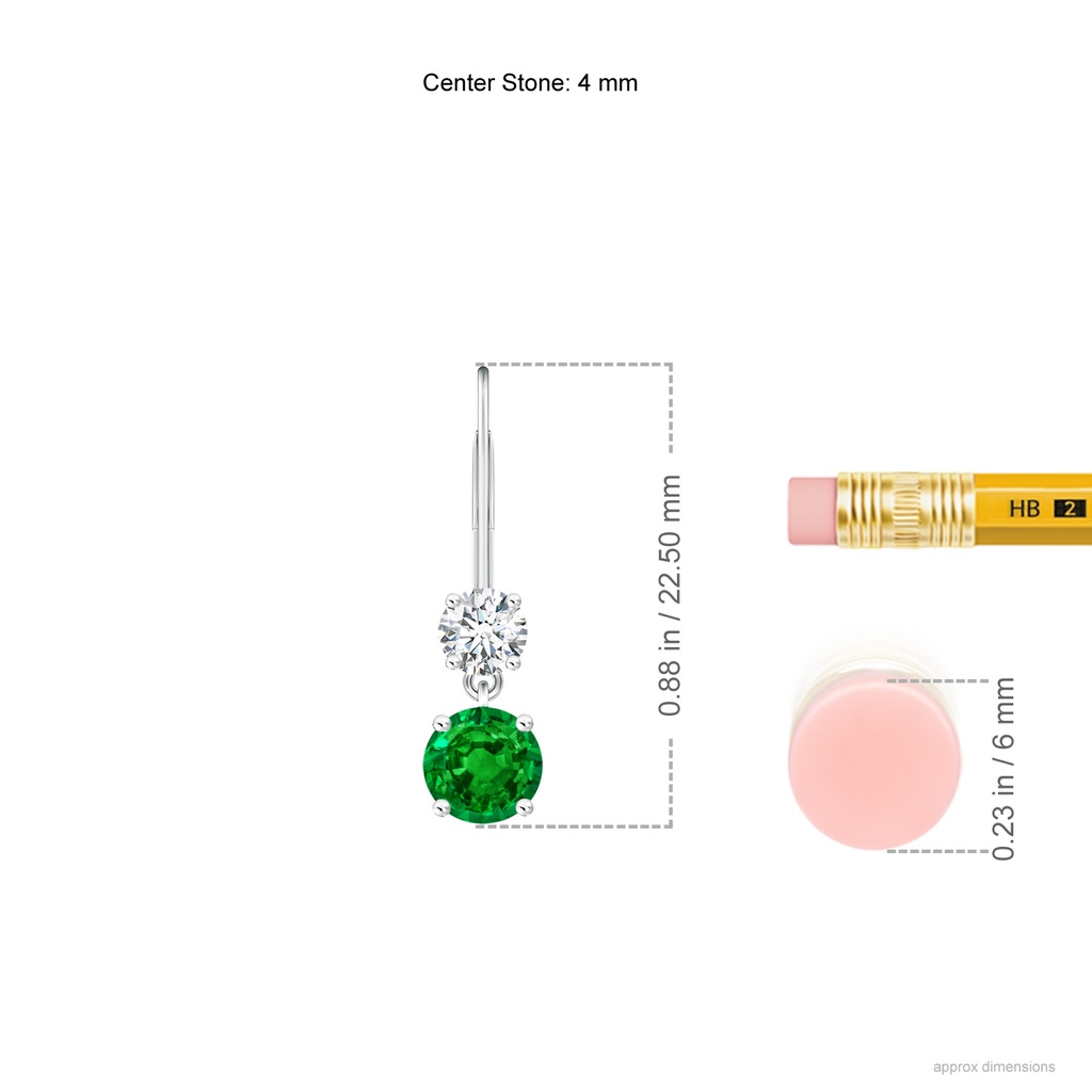 4mm AAAA Round Emerald Leverback Dangle Earrings with Diamond in White Gold ruler