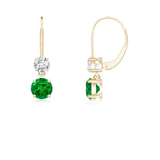 4mm AAAA Round Emerald Leverback Dangle Earrings with Diamond in Yellow Gold