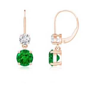 5mm AAAA Round Emerald Leverback Dangle Earrings with Diamond in 9K Rose Gold