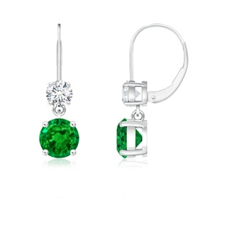 5mm AAAA Round Emerald Leverback Dangle Earrings with Diamond in P950 Platinum