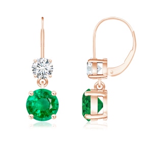 6mm AAA Round Emerald Leverback Dangle Earrings with Diamond in Rose Gold