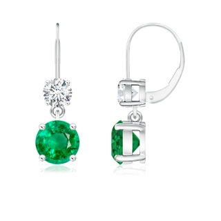 6mm AAA Round Emerald Leverback Dangle Earrings with Diamond in White Gold