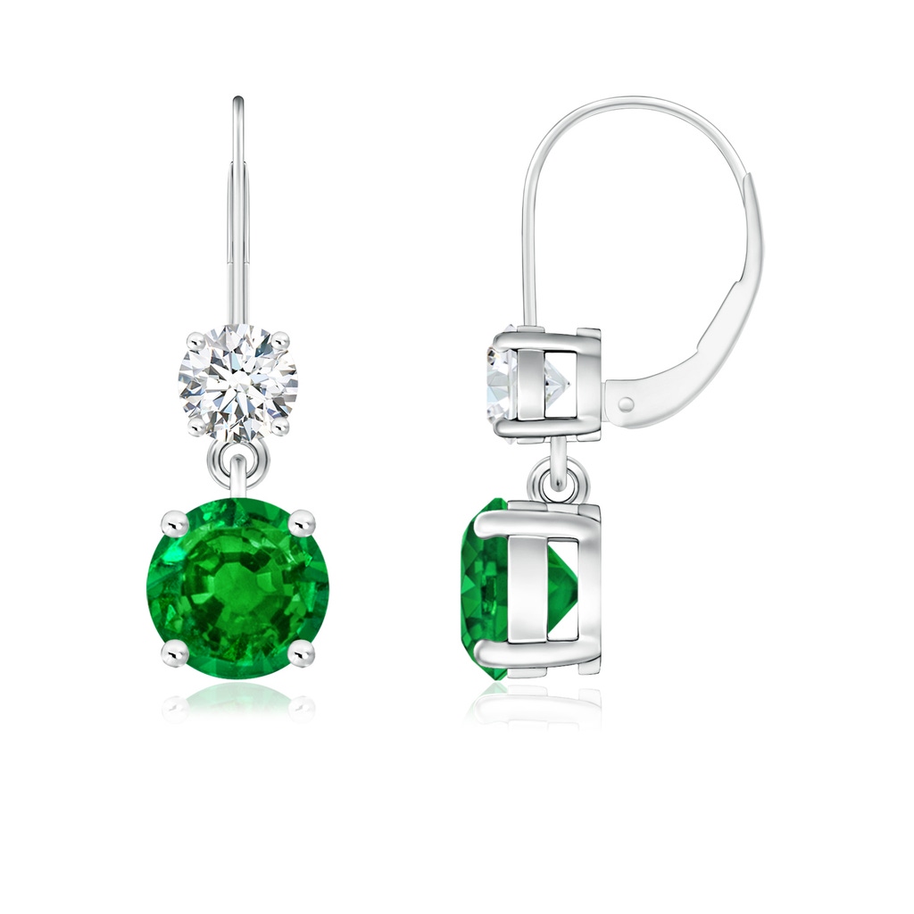 6mm AAAA Round Emerald Leverback Dangle Earrings with Diamond in White Gold