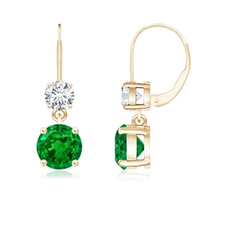 6mm AAAA Round Emerald Leverback Dangle Earrings with Diamond in Yellow Gold