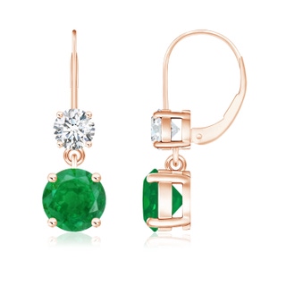 7mm AA Round Emerald Leverback Dangle Earrings with Diamond in Rose Gold