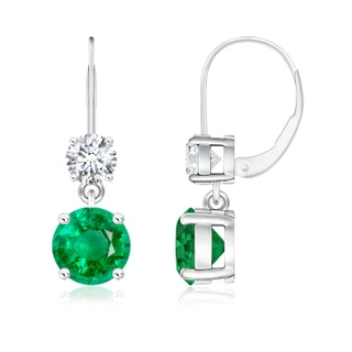 7mm AAA Round Emerald Leverback Dangle Earrings with Diamond in 9K White Gold