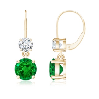 7mm AAAA Round Emerald Leverback Dangle Earrings with Diamond in 10K Yellow Gold