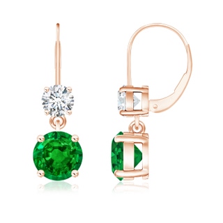 7mm AAAA Round Emerald Leverback Dangle Earrings with Diamond in Rose Gold