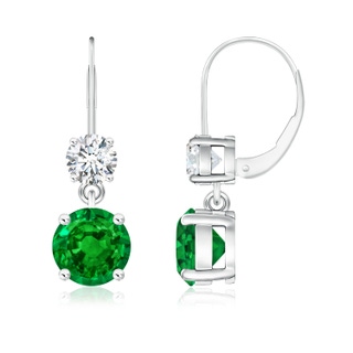 7mm AAAA Round Emerald Leverback Dangle Earrings with Diamond in White Gold