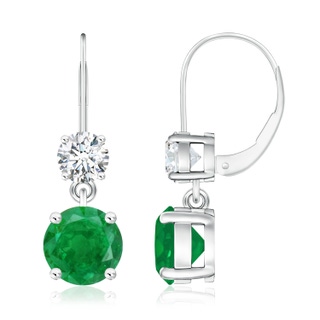 8mm AA Round Emerald Leverback Dangle Earrings with Diamond in 9K White Gold