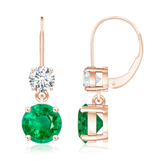 8mm AAA Round Emerald Leverback Dangle Earrings with Diamond in Rose Gold