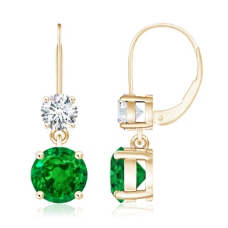 8mm AAAA Round Emerald Leverback Dangle Earrings with Diamond in 10K Yellow Gold