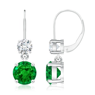 8mm AAAA Round Emerald Leverback Dangle Earrings with Diamond in 9K White Gold