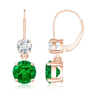 8mm AAAA Round Emerald Leverback Dangle Earrings with Diamond in Rose Gold