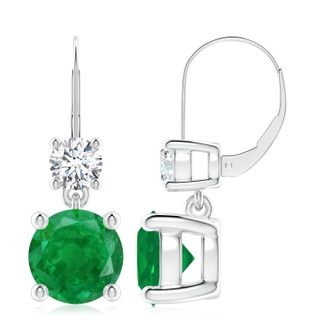 9mm AA Round Emerald Leverback Dangle Earrings with Diamond in 9K White Gold