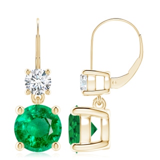 9mm AAA Round Emerald Leverback Dangle Earrings with Diamond in 10K Yellow Gold