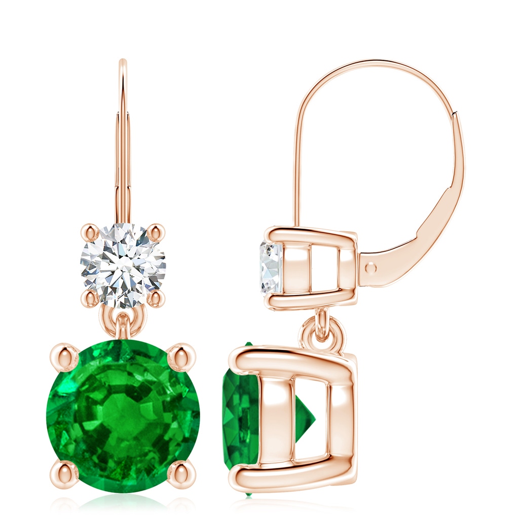 9mm AAAA Round Emerald Leverback Dangle Earrings with Diamond in 10K Rose Gold