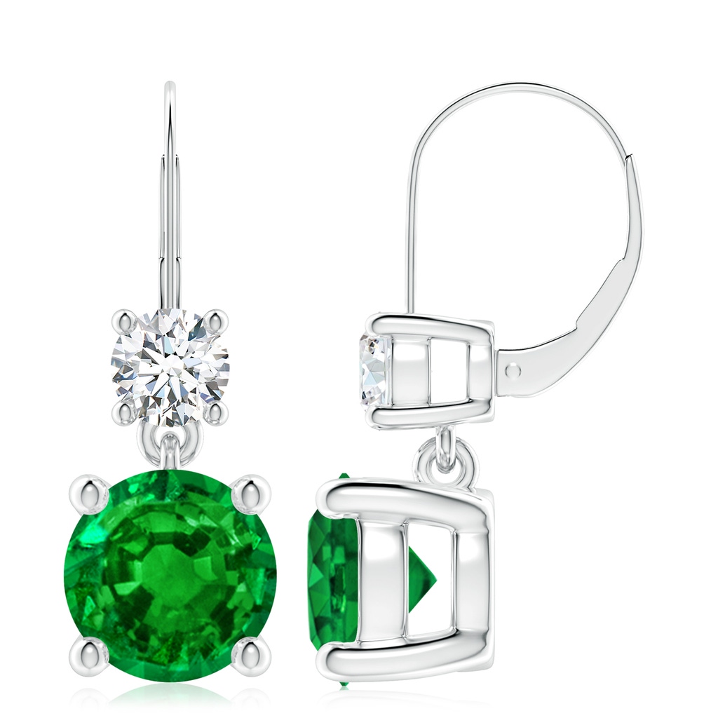 9mm AAAA Round Emerald Leverback Dangle Earrings with Diamond in P950 Platinum