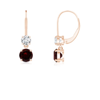 4mm A Round Garnet Leverback Dangle Earrings with Diamond in Rose Gold