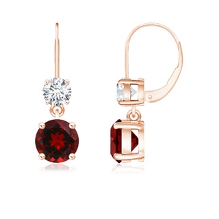 6mm AAAA Round Garnet Leverback Dangle Earrings with Diamond in Rose Gold