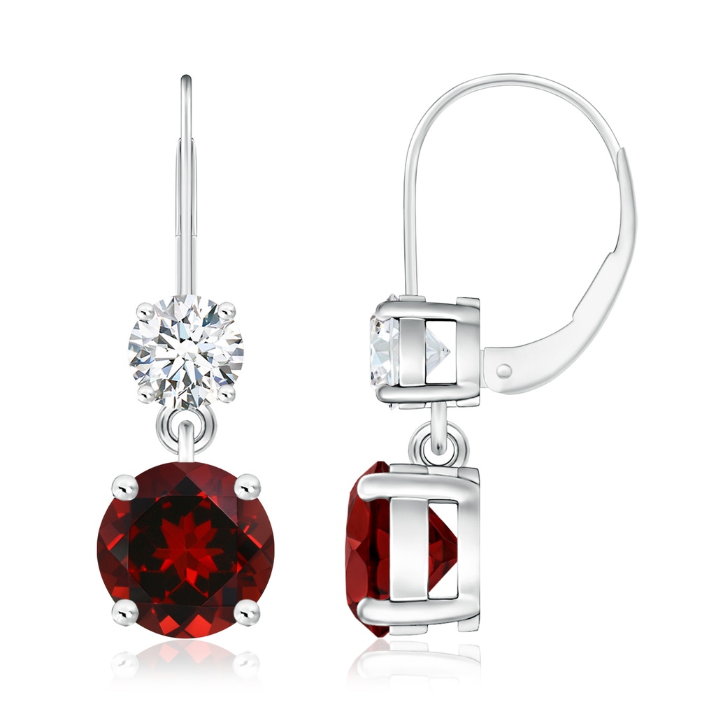 8mm AAAA Round Garnet Leverback Dangle Earrings with Diamond in White Gold