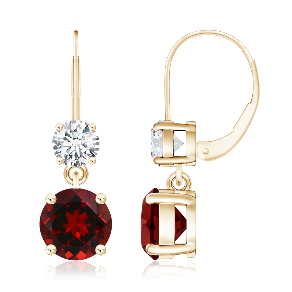 8mm AAAA Round Garnet Leverback Dangle Earrings with Diamond in Yellow Gold