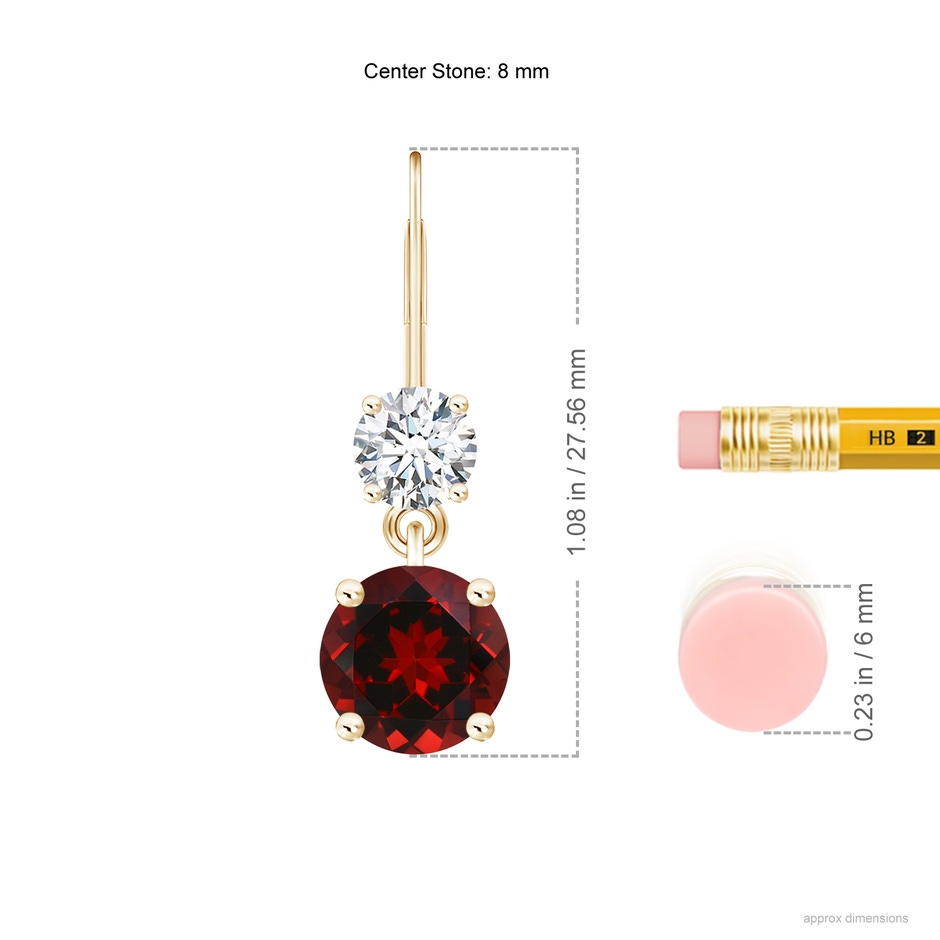 8mm AAAA Round Garnet Leverback Dangle Earrings with Diamond in Yellow Gold ruler