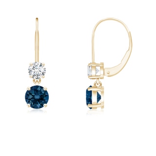 4mm AAAA Round London Blue Topaz Leverback Dangle Earrings in Yellow Gold