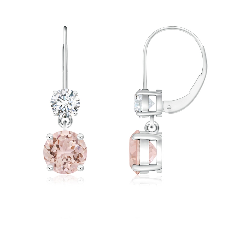 5mm AAA Round Morganite Leverback Dangle Earrings with Diamond in White Gold