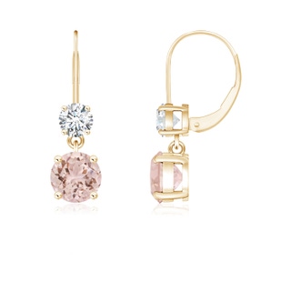 5mm AAA Round Morganite Leverback Dangle Earrings with Diamond in Yellow Gold