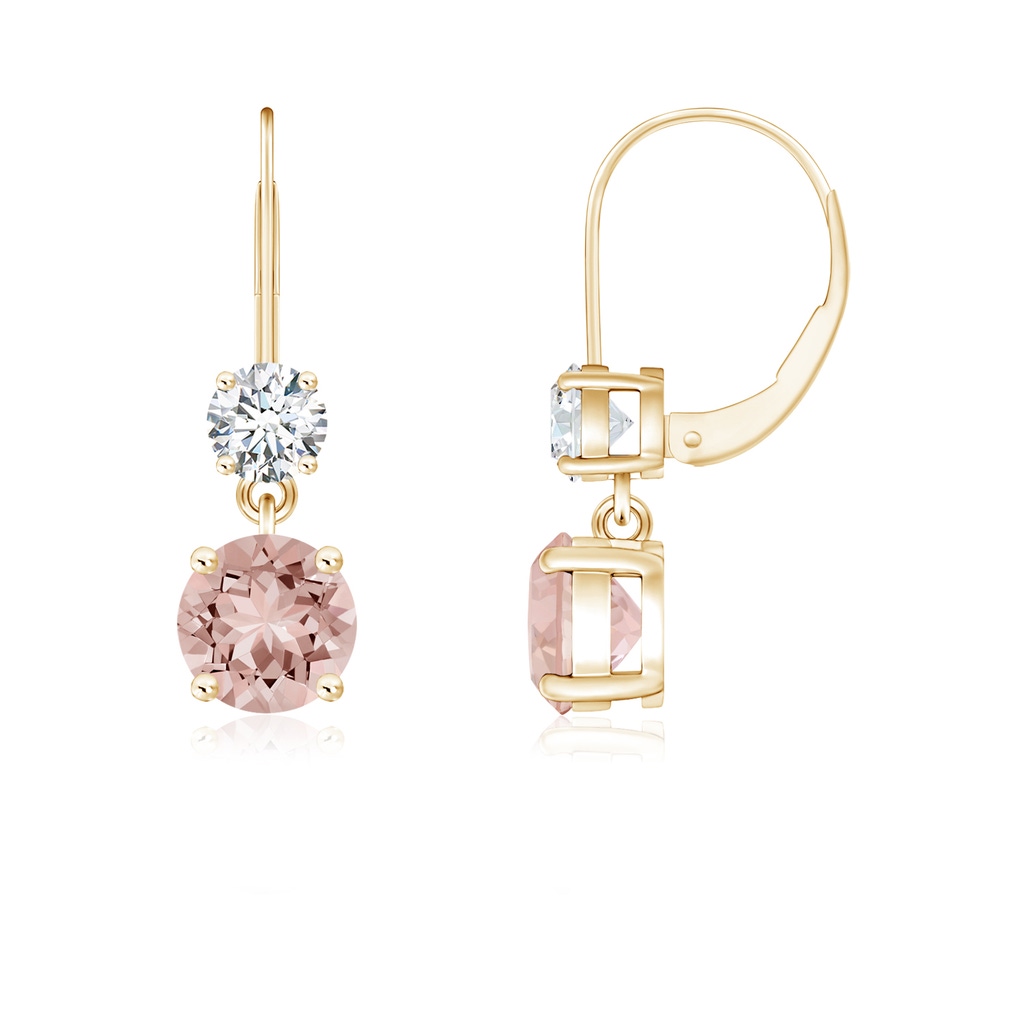 5mm AAAA Round Morganite Leverback Dangle Earrings with Diamond in Yellow Gold