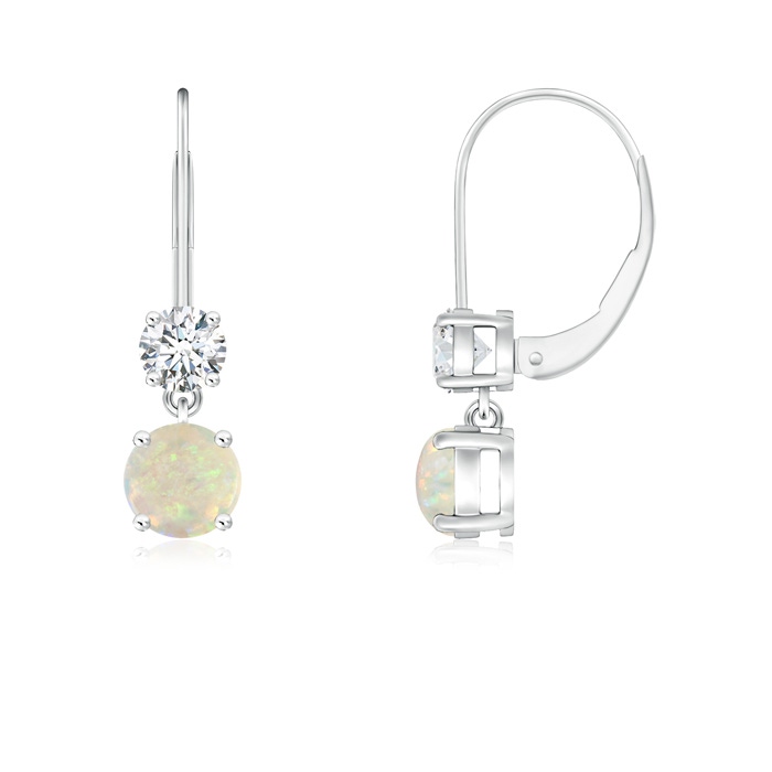 4mm AAA Round Opal Leverback Dangle Earrings with Diamond in White Gold