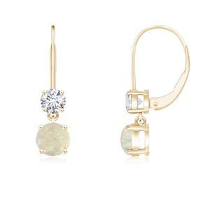 4mm AAA Round Opal Leverback Dangle Earrings with Diamond in Yellow Gold