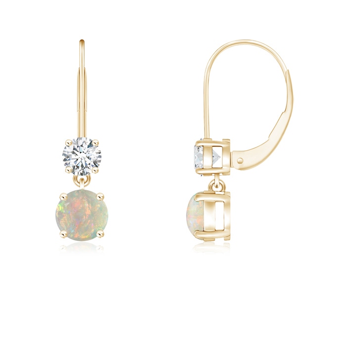 4mm AAAA Round Opal Leverback Dangle Earrings with Diamond in Yellow Gold