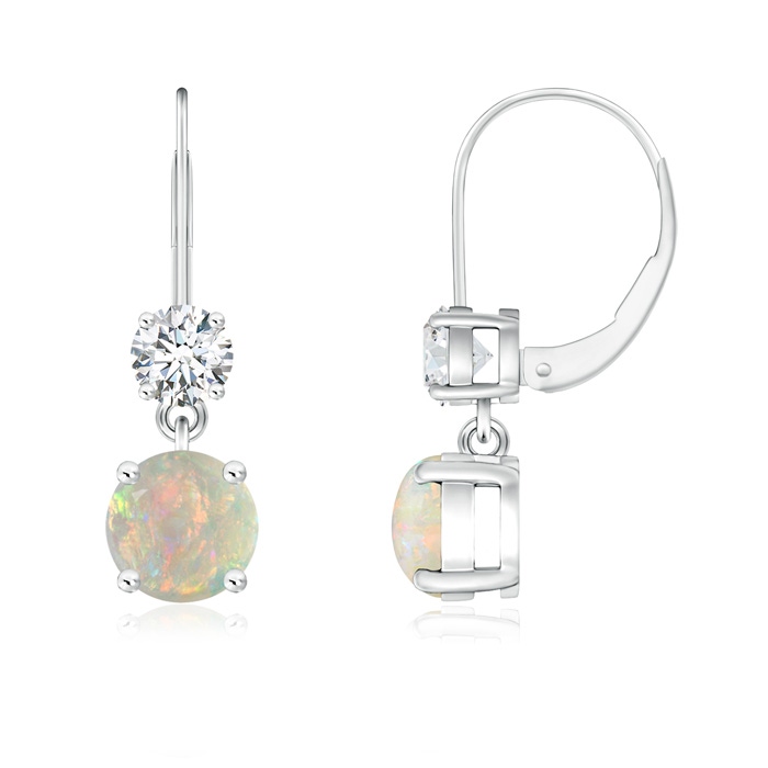 5mm AAAA Round Opal Leverback Dangle Earrings with Diamond in White Gold