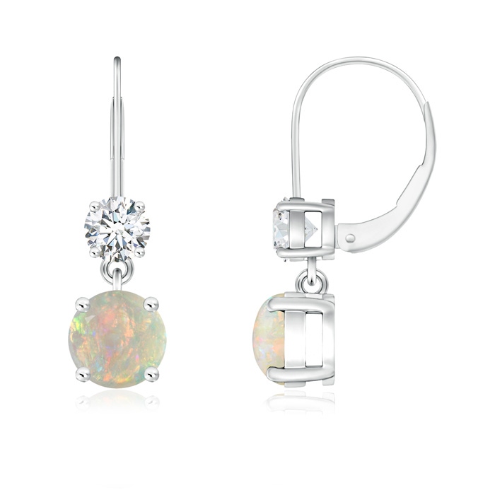 5mm AAAA Round Opal Leverback Dangle Earrings with Diamond in White Gold 