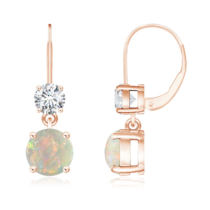 6mm AAAA Round Opal Leverback Dangle Earrings with Diamond in Rose Gold