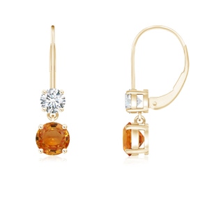 4mm AAA Round Orange Sapphire Leverback Dangle Earrings with Diamond in Yellow Gold