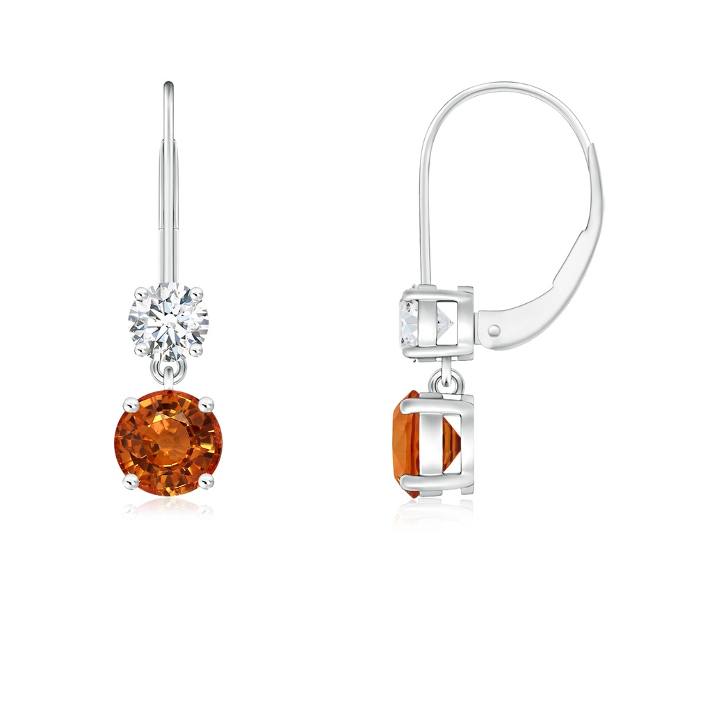 4mm AAAA Round Orange Sapphire Leverback Dangle Earrings with Diamond in P950 Platinum