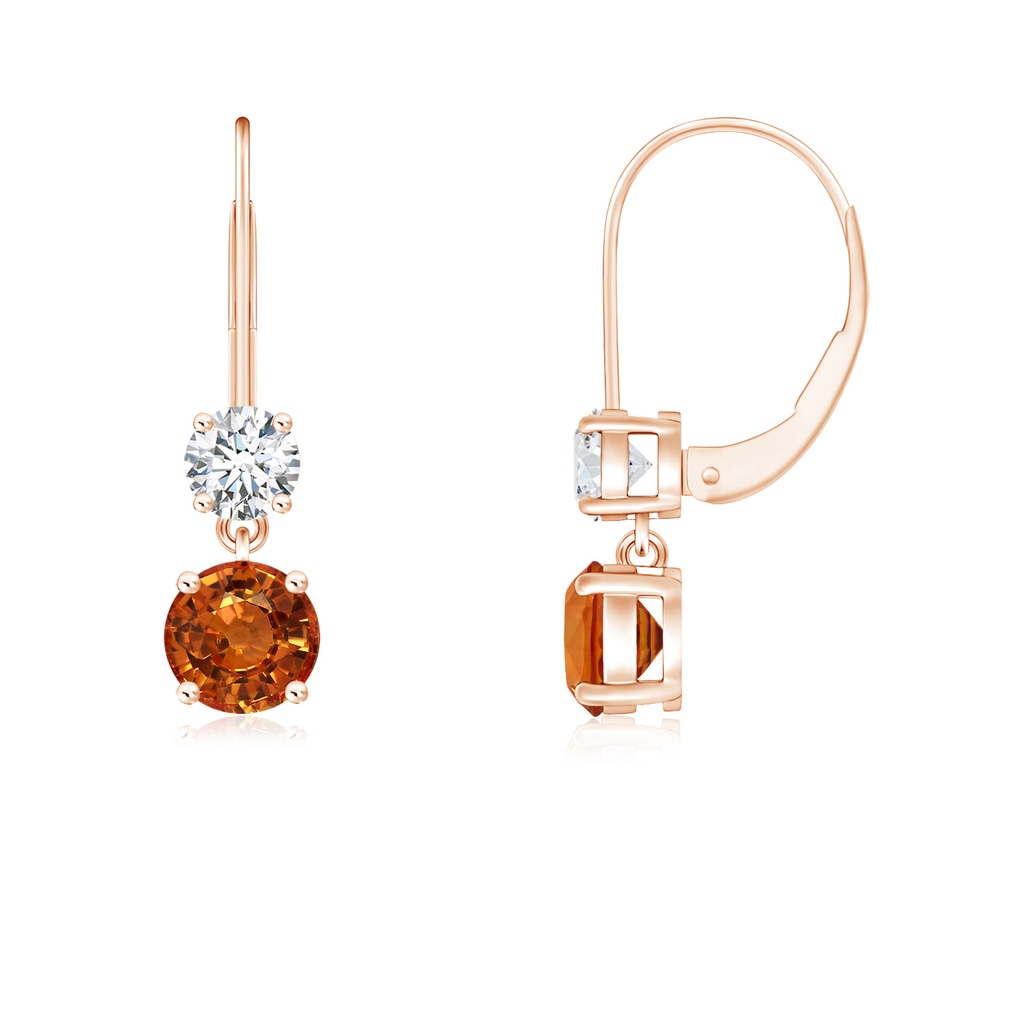 4mm AAAA Round Orange Sapphire Leverback Dangle Earrings with Diamond in Rose Gold