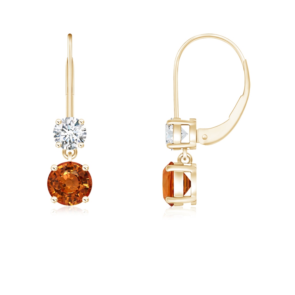 4mm AAAA Round Orange Sapphire Leverback Dangle Earrings with Diamond in Yellow Gold