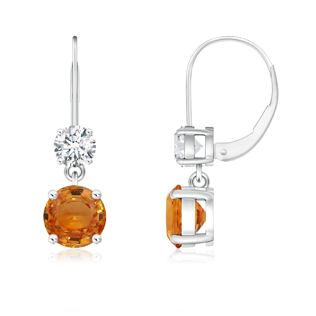 5mm AAA Round Orange Sapphire Leverback Dangle Earrings with Diamond in White Gold