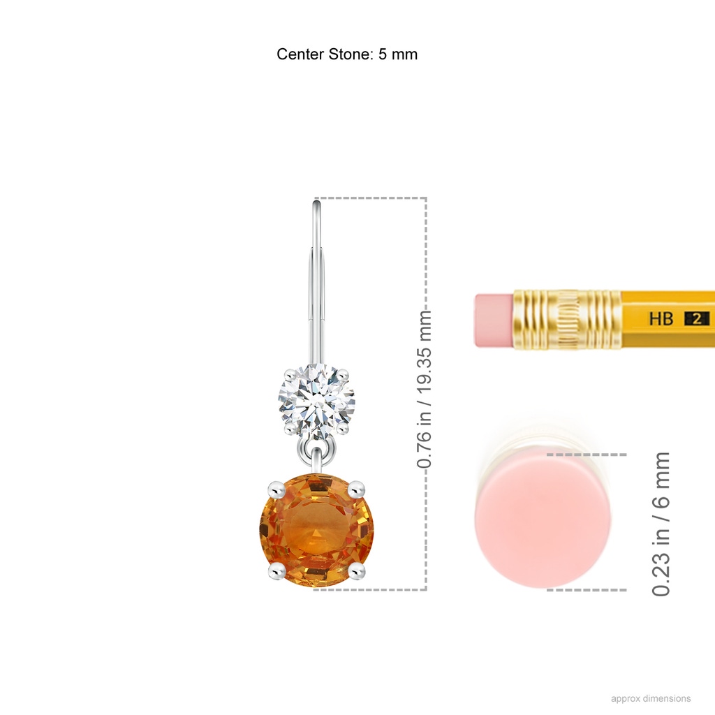 5mm AAA Round Orange Sapphire Leverback Dangle Earrings with Diamond in White Gold Product Image