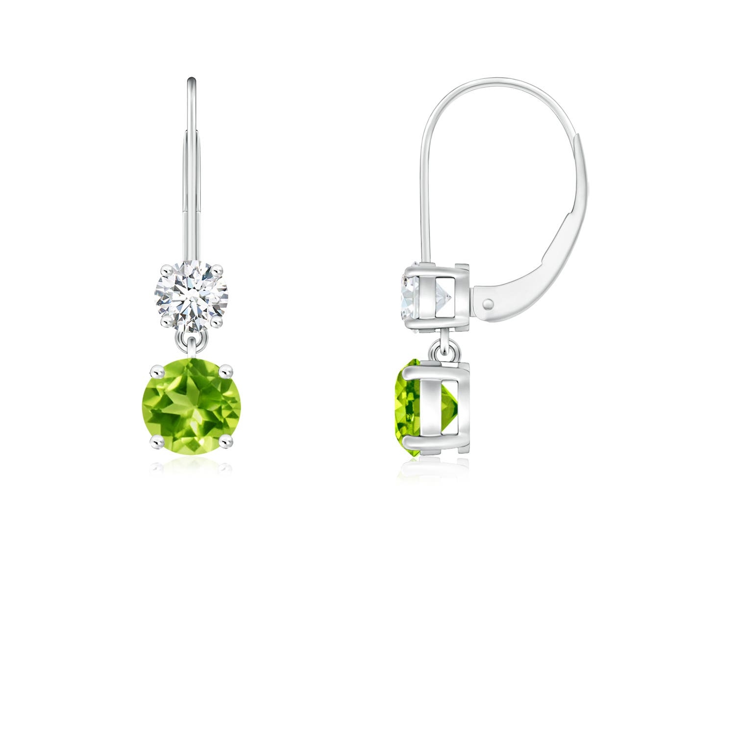 4mm AAA Round Peridot Leverback Dangle Earrings with Diamond in P950 Platinum
