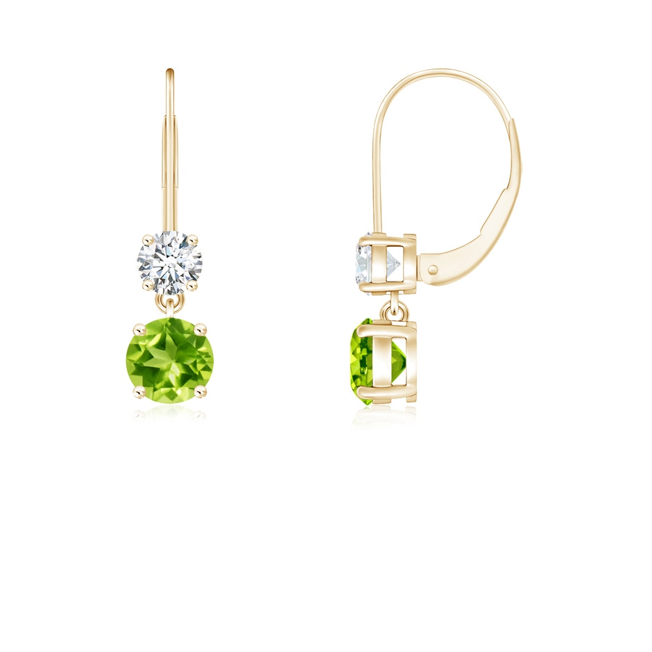 4mm AAA Round Peridot Leverback Dangle Earrings with Diamond in Yellow Gold 