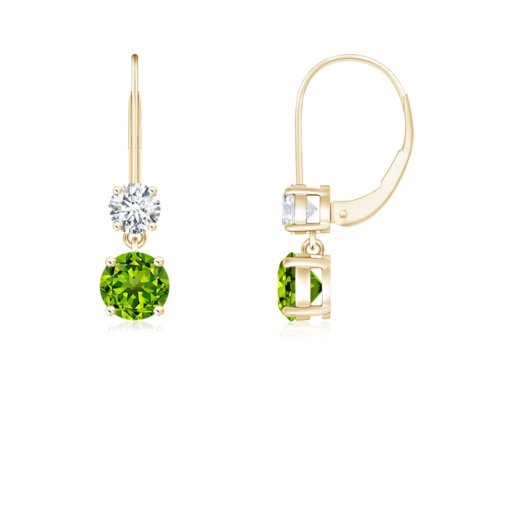 4mm AAAA Round Peridot Leverback Dangle Earrings with Diamond in Yellow Gold