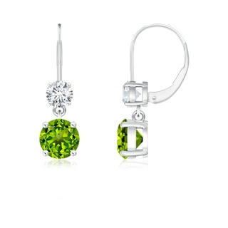 5mm AAAA Round Peridot Leverback Dangle Earrings with Diamond in P950 Platinum